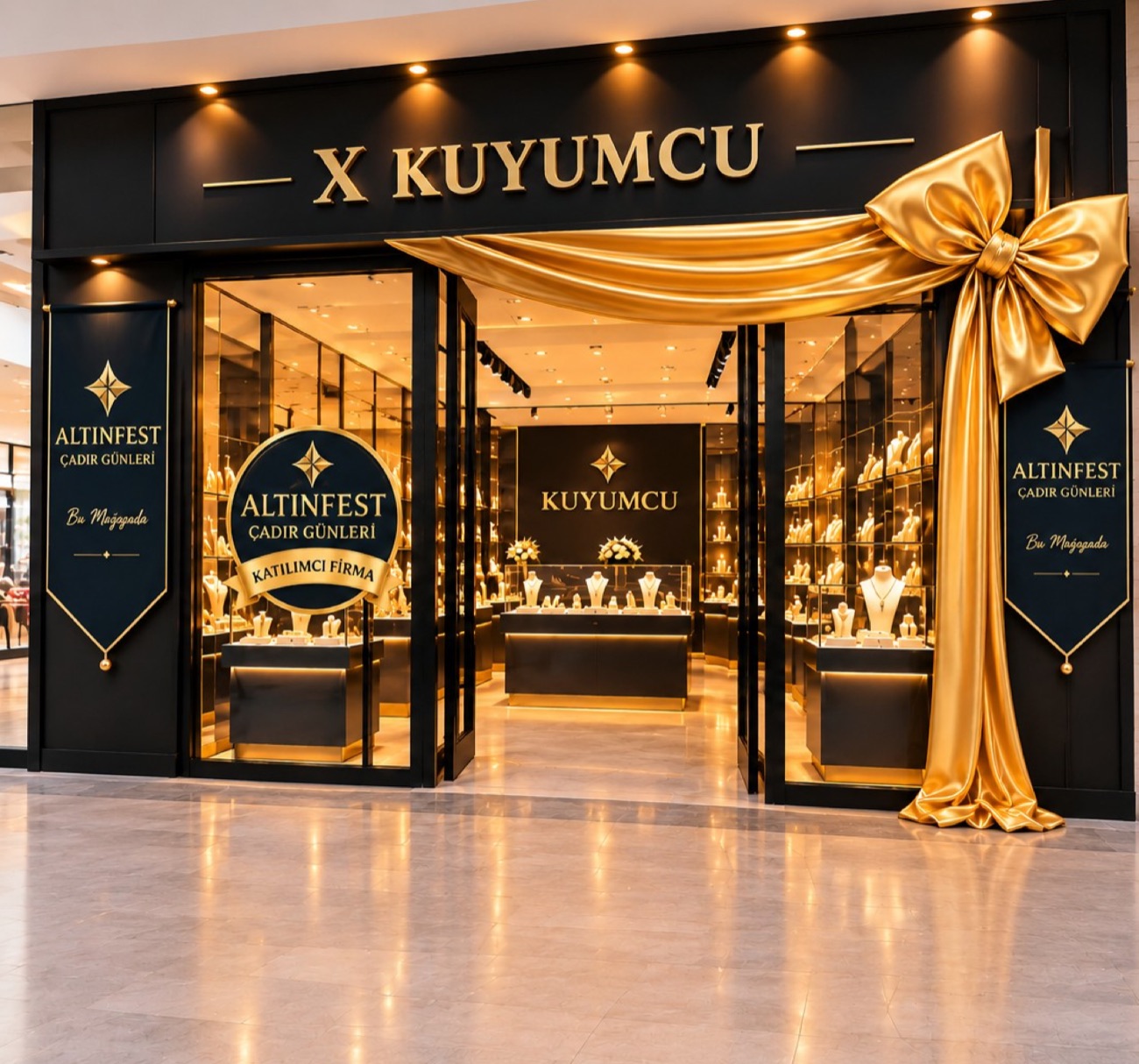 Altınfest süslemeleriyle hazırlanmış örnek bir kuyumcu mağazası cephesi: altın fiyonk, katılımcı firma stickerı ve kırlangıç bayraklar